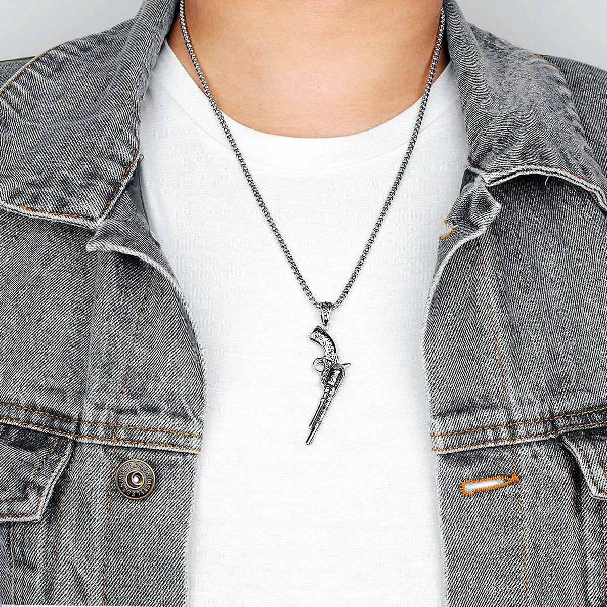 Collier révolver western en acier inoxydable