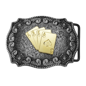 Bältespänne med guldfärgade westernmotiv Spelkort