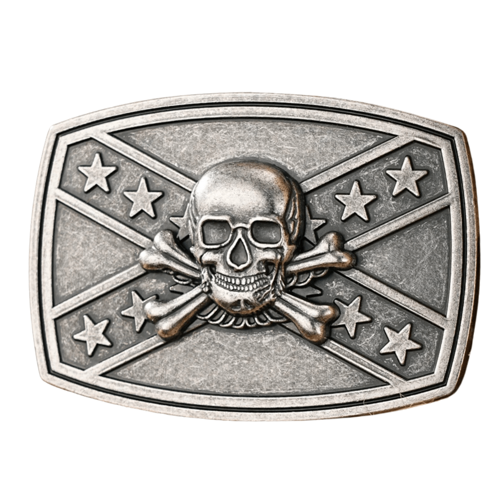 Bältespänne med sydstatsflagga och westernmotiv Silverdödskalle