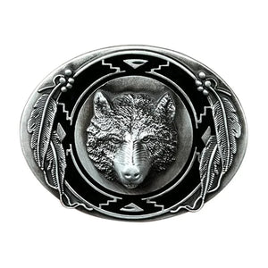 Bältesspänne varg huvud med fjädrar western stil Silver