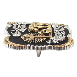Bältesspänne western stil med häst kors och skalle i guld och silver