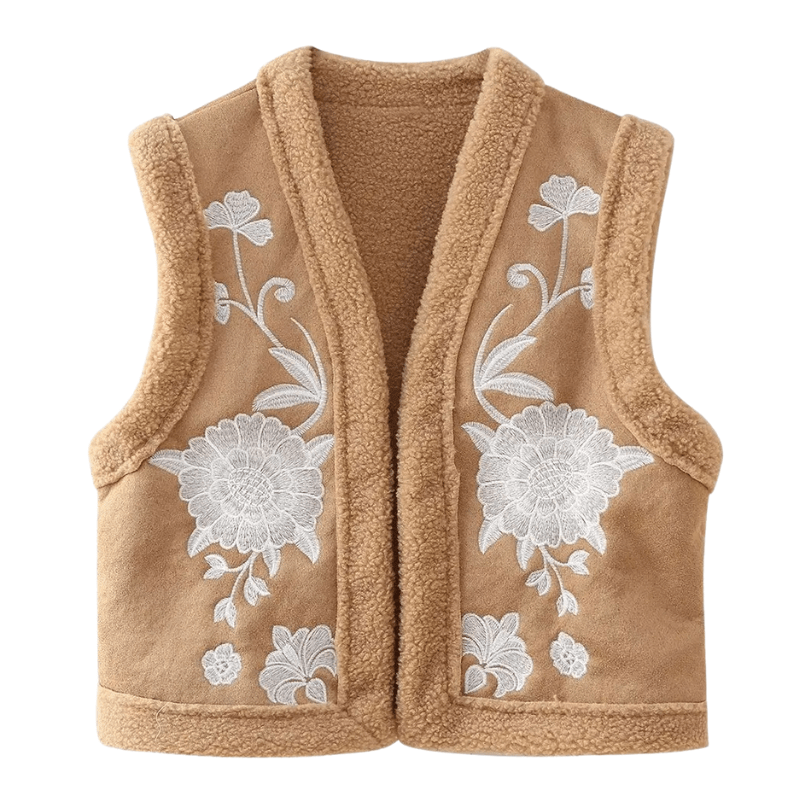 Beige Teddyväst med Vita Broderier Beige / XS