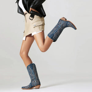 Blåa Höga Cowboyboots med Broderi för Dam