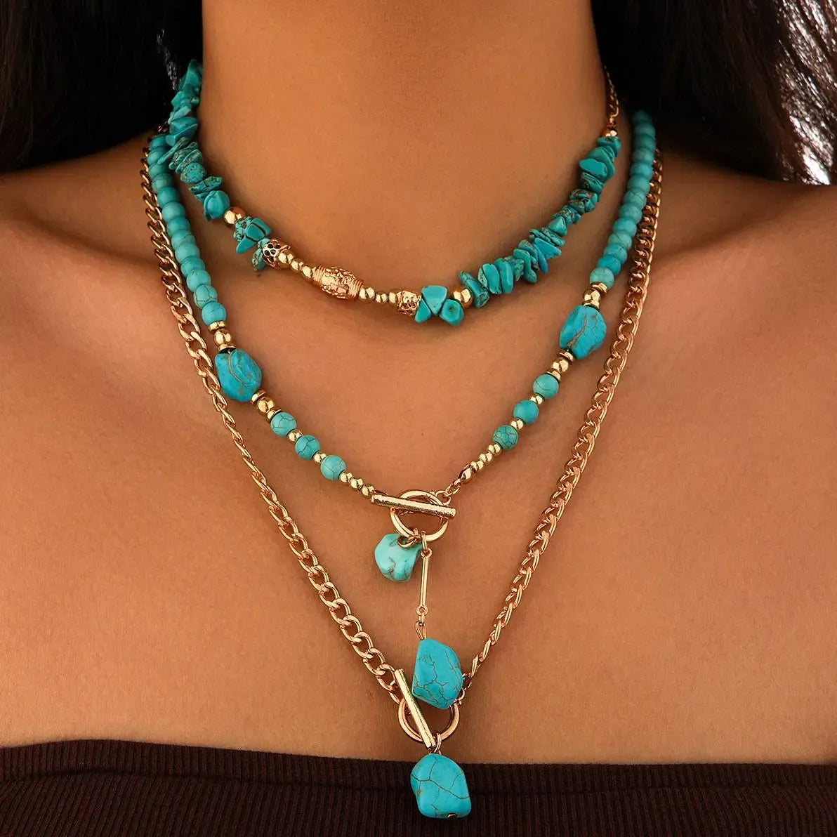 Boho halsband med western-berlocker Guld och turkos