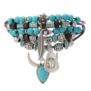 Boho Läderarmband med Turkosa Pärlor och Berlocker