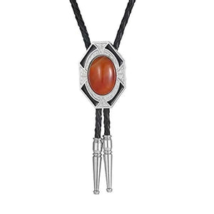 Bolo tie i läder med sexkantig ram och färgad sten Vinröd