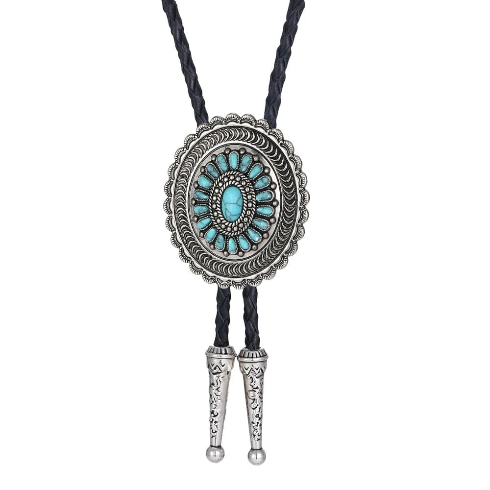 Bolo tie i solrosformad metallram och turkos sten Turkosblå