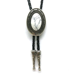 Bolo tie med oval sten och flätat läderband Vit