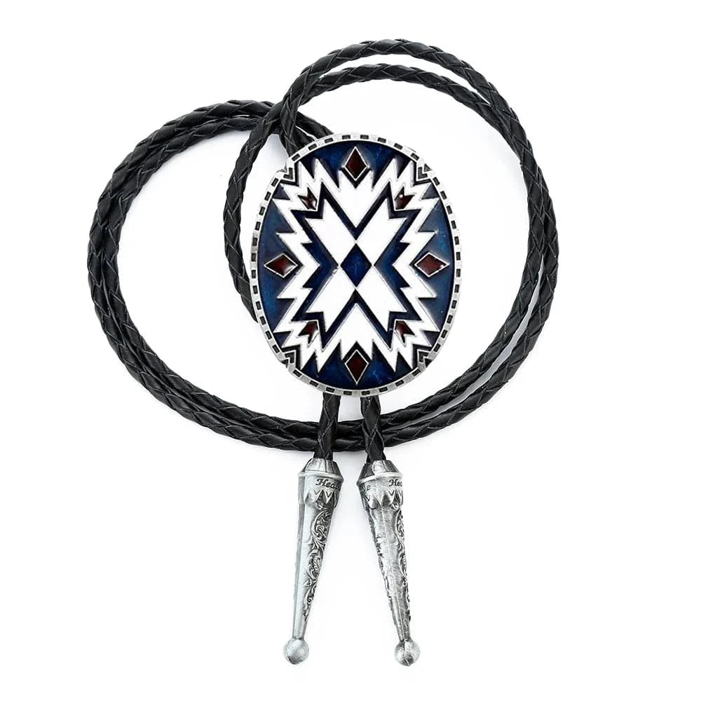 Bolo tie med tribal-inspirerat geometriskt mönster Vit och Blå