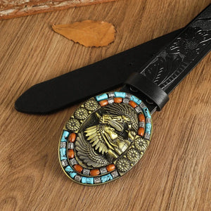 Cowboybälte i bohemisk stil med turkosa detaljer och snidade blommönster