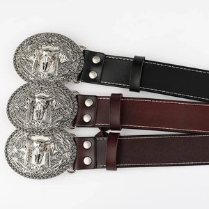Cowboybälte med tjurskallespänne i äkta läder