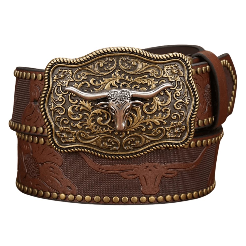 Cowboybältet med graverat longhornsspänne Mörkbrun / 120cm