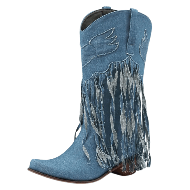 Cowboyboots i denim med fransar och blockklack Ljusblå / 35