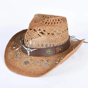 Cowboyhatt i flätad halm med tjurdetalj Brun / Ungefär 58cm