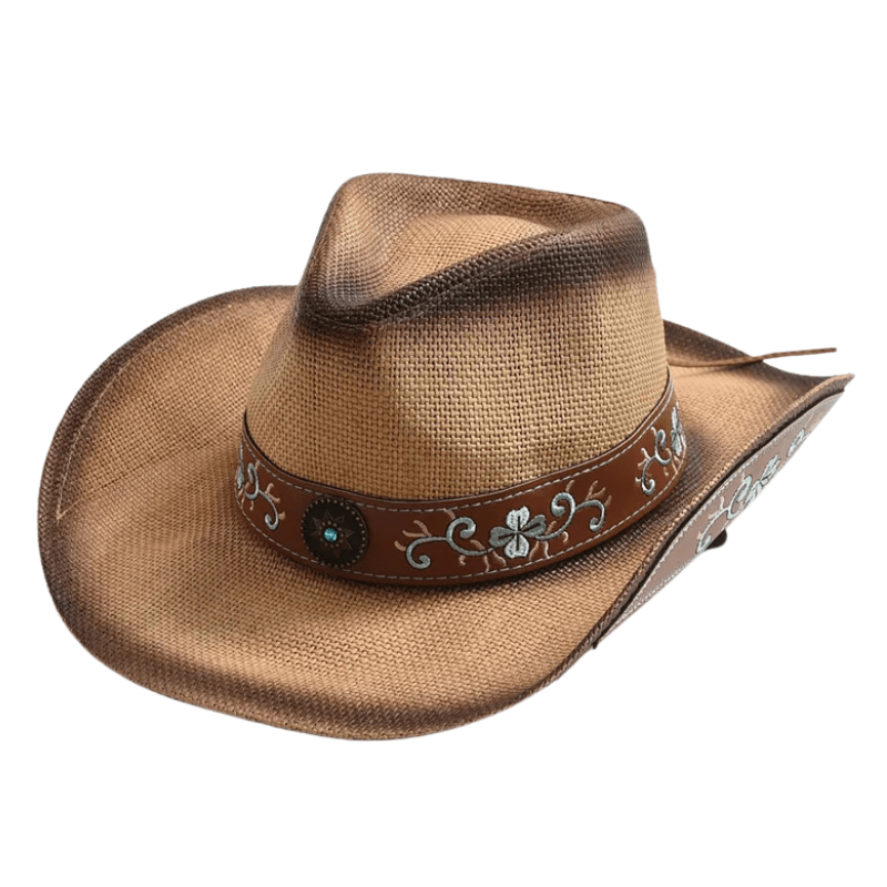 Cowgirlhatt med Blommig Brodyr Khaki / 56-58cm