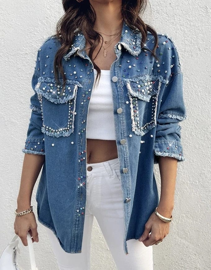 Jeansjacka dam med pärlor och strass Blå / S