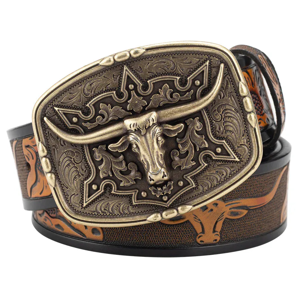 Läderbälte western longhornspänne Brons Kamel / 95cm
