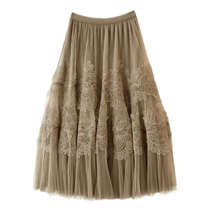Lång plisserad tyllkjol med spetsvolanger Khaki / One Size