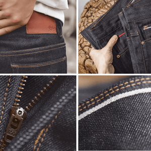 Mörkblå tapered selvedge jeans i raw denim