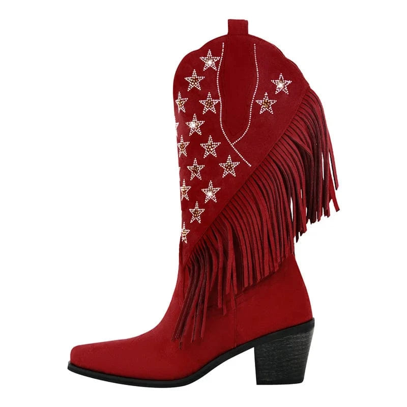 Cowgirl Boots med Amerikansk Flagga och Fransar Röd / 36