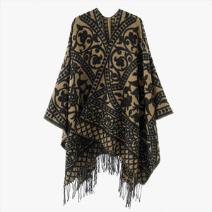 Öppen poncho med blommigt jacquardmönster Beige svart / One Size