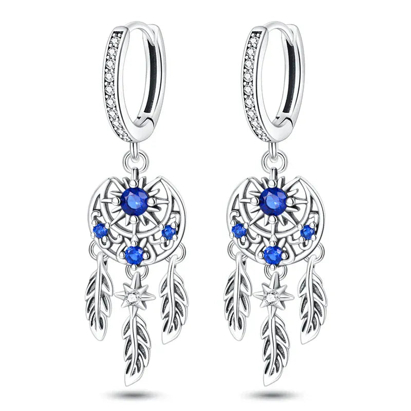 Boucles d'oreilles attrape-rêves argentées bleues