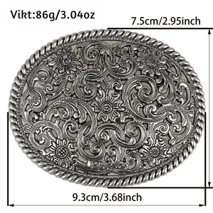 Ovalt bältespänne i vintage-silver med blommigt gravyrmönster Silver