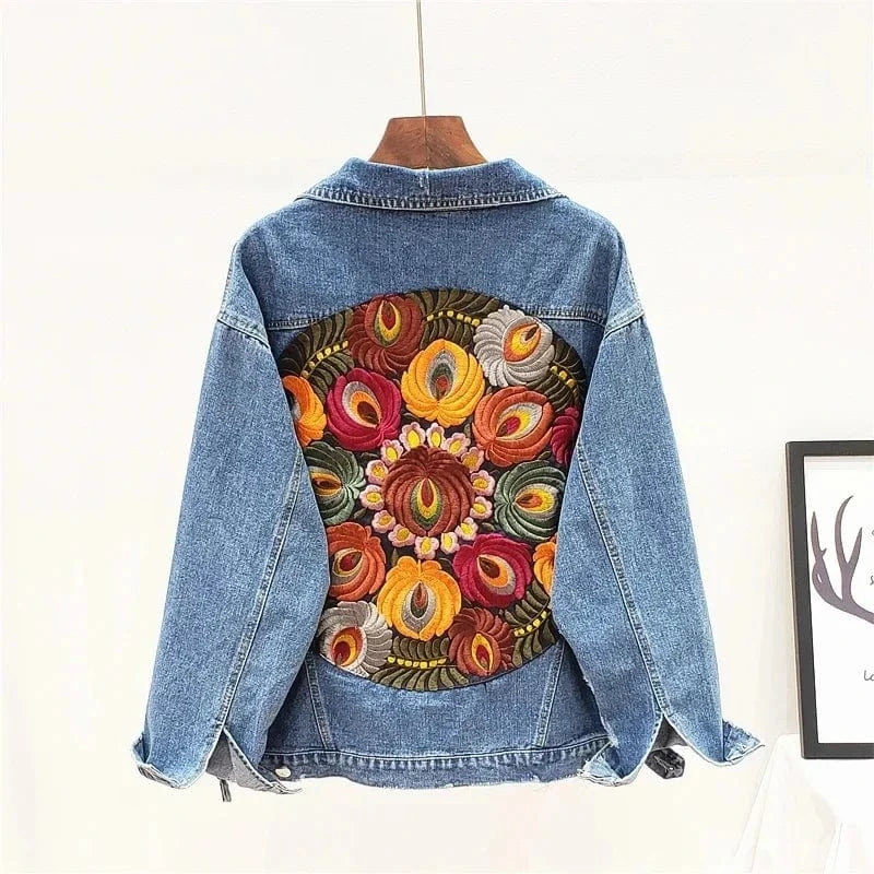 Oversize jeansjacka dam med blombroderi Blå / S