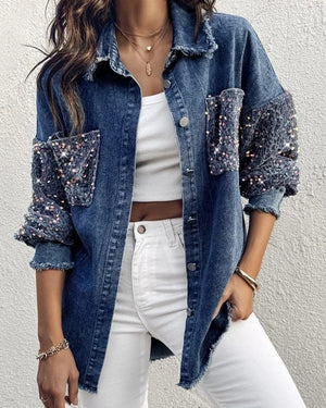 Oversize jeansjacka dam med paljetter