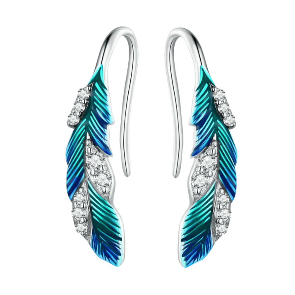 Boucles d'oreilles plume bleue en argent