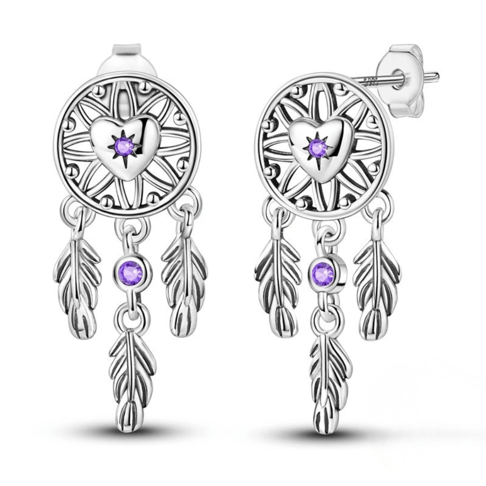 Boucles d'oreilles attrape-rêves en argent avec pierre violette