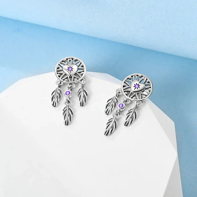 Boucles d'oreilles attrape-rêves en argent avec pierre violette