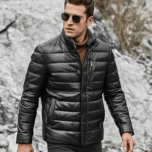 Svart läder dun jacka herr