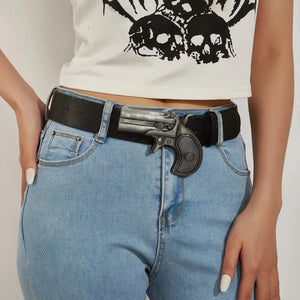 Svart westernbälte i präglat läder med pistolspänne för dam Svart / 102cm
