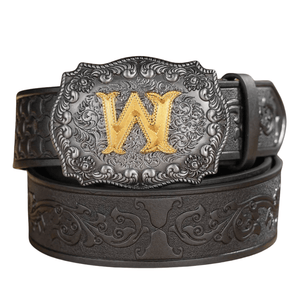 Svart westernbälte med Graverat Mönster och Initialspänne i Metall Bokstav W / 120cm