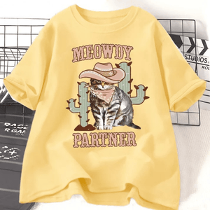 Tshirt med cowboykatt "Meowdy Partner" Gul / S