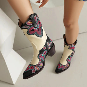 Tvåfärgade Höga Cowboyboots med Blommigt Broderi för Dam