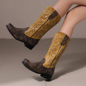 Tvåfärgade Höga Cowboyboots med Fyrkantig Tå för Dam