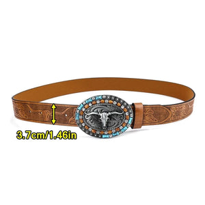 Westernbälte i präglat läder med turkoser och hornspänne