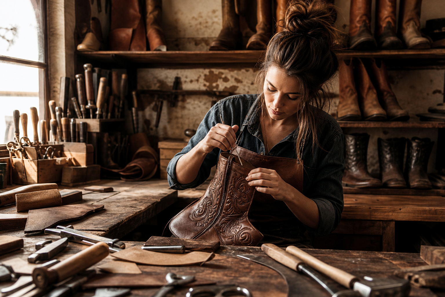 Atelier de fabrication de bottes western : cuir travaillé à la main, outils traditionnels, lumière chaleureuse