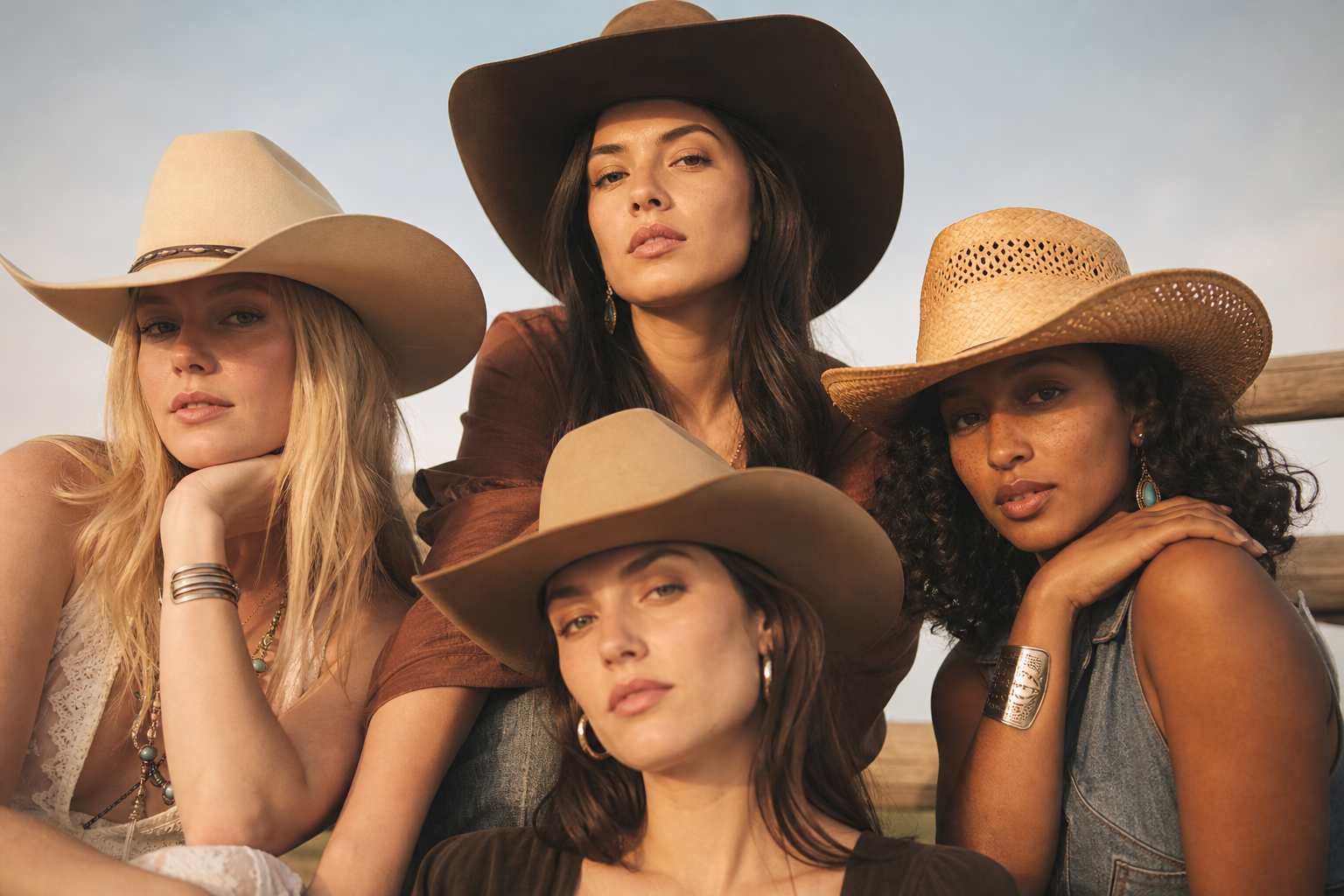Quatre femmes avec des morphologies de visage différentes portant différents styles de chapeaux western