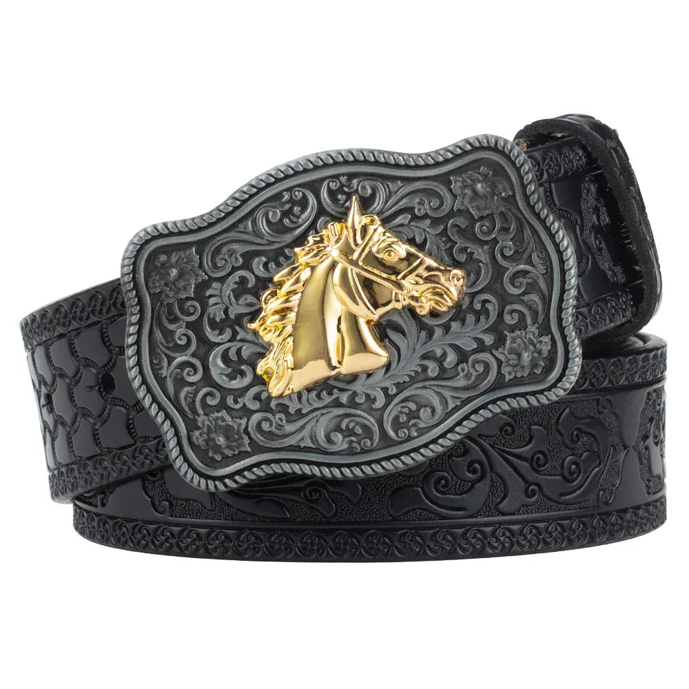 Äkta cowboyläderbälte hästmotiv Svart Hästhuvud / 95cm