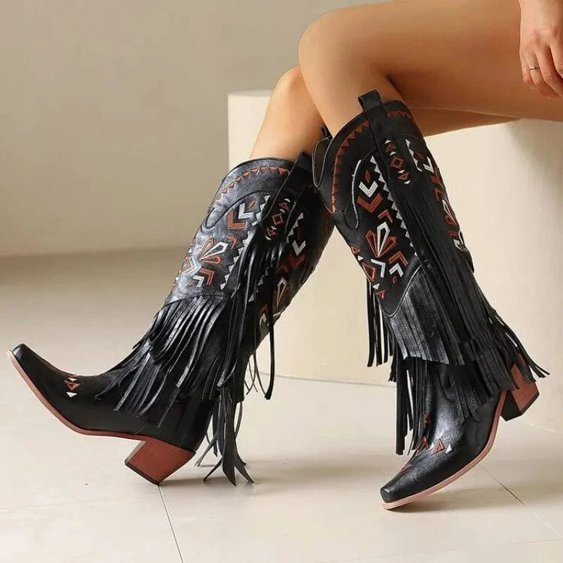 Cowgirl Boots med Fransar och Broderi