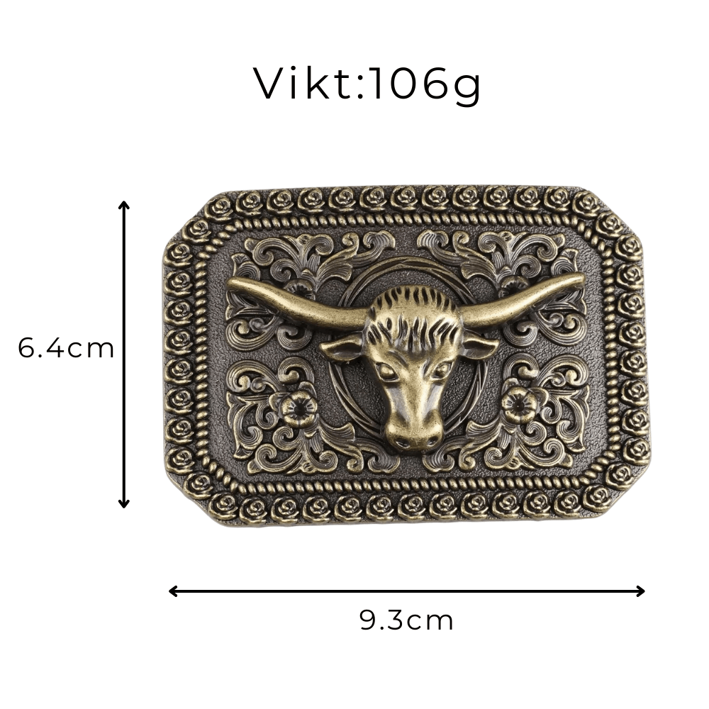 Bältesspänne Longhorn med Rosor och Blomgravyr Antik Brons Antikbrons