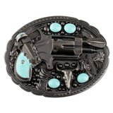 Bältesspänne med revolver turkos stenar western stil Antiksilver