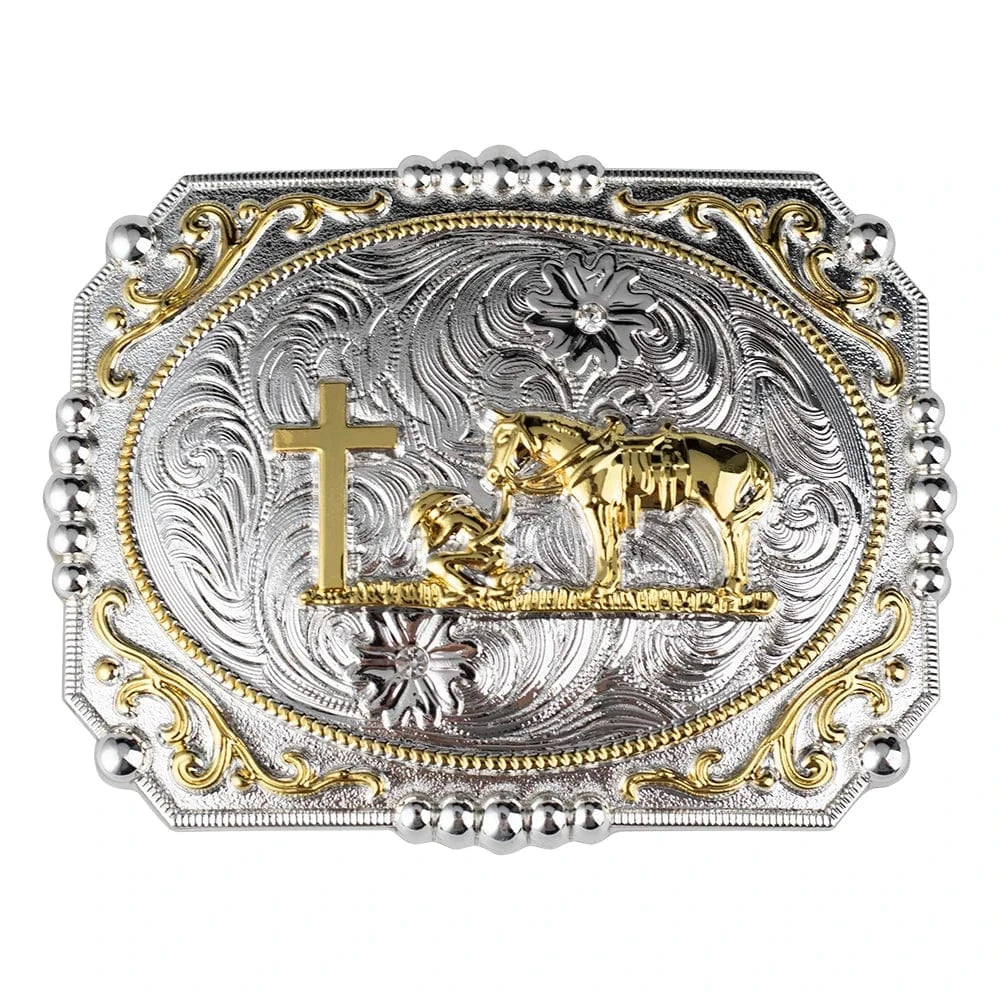 Bältesspänne western stil med detaljer i guld och silver eleganta motiv Kors och häst