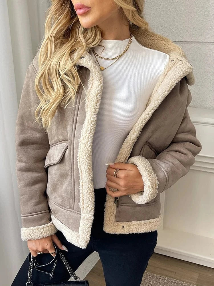Beige shearling jacka dam med fuskpäls