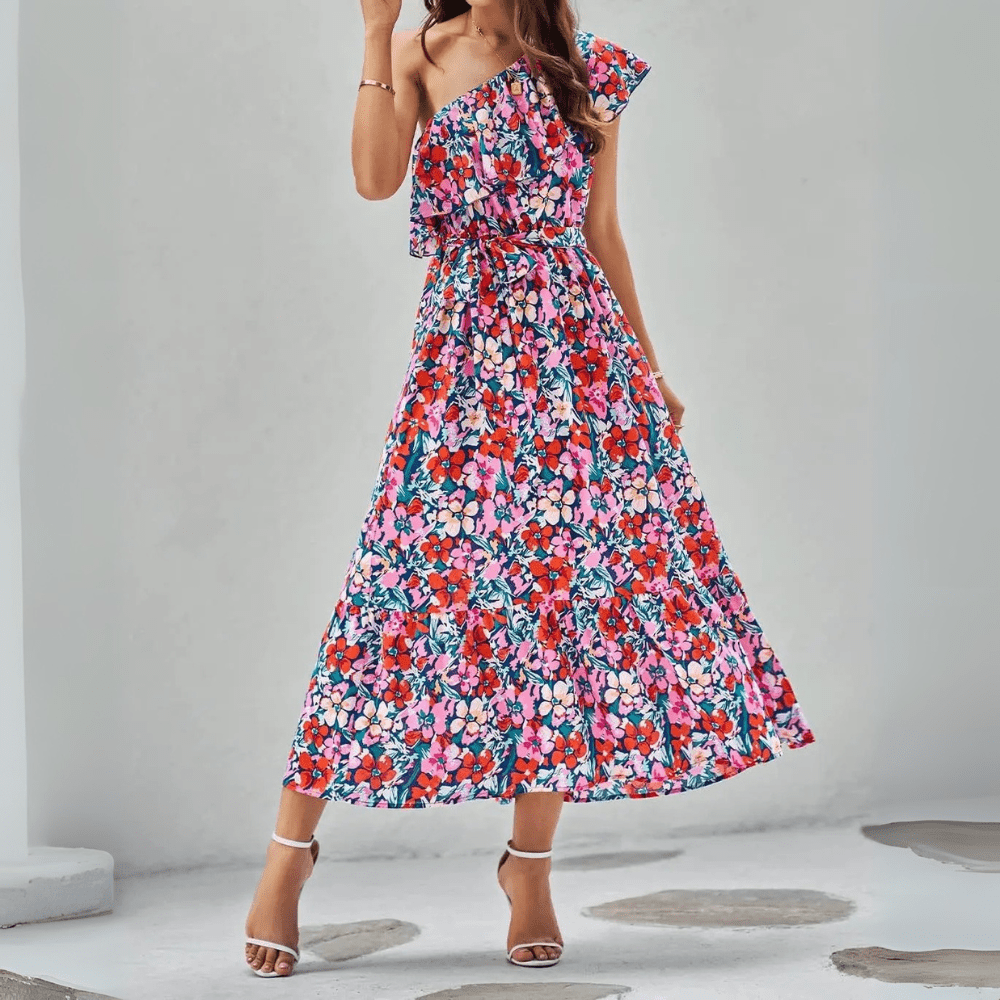Blommig one shoulder-klänning
