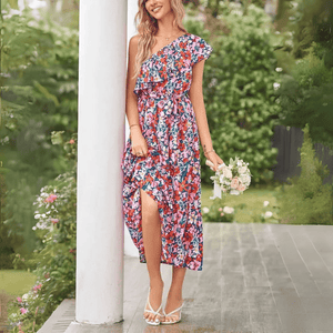 Blommig one shoulder-klänning
