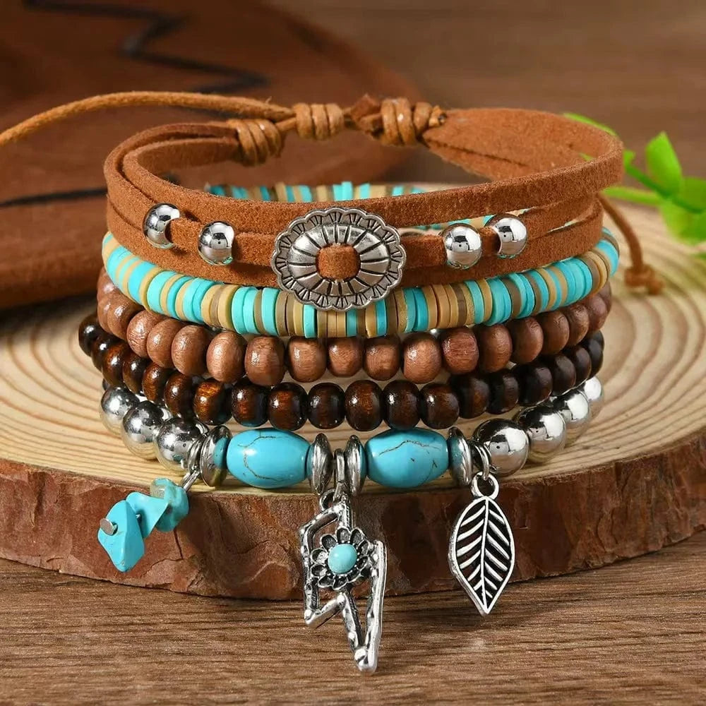 Boho Läderarmband med Turkosa Pärlor och Berlocker Stil 5st med mocka